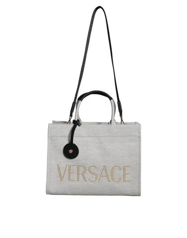 Versace White Top Handle Canvas Leather Logo Crossbody Tote Bag - Retail Flare