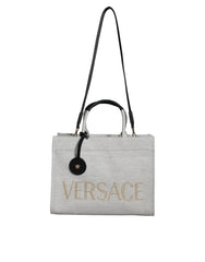 Versace White Top Handle Canvas Leather Logo Crossbody Tote Bag - Retail Flare