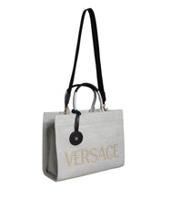 Versace White Top Handle Canvas Leather Logo Crossbody Tote Bag - Retail Flare