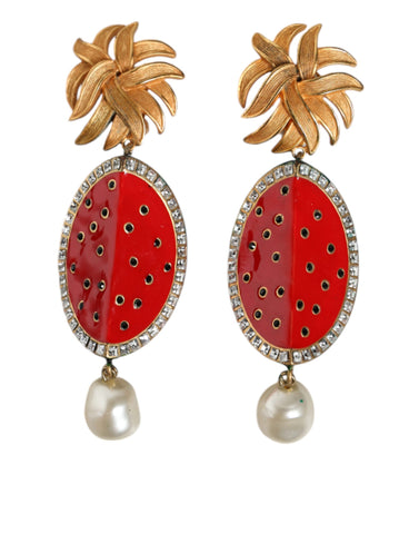 Dolce & Gabbana Red Watermelon Gold Brass Crystal Clip Dangling Earrings - Retail Flare