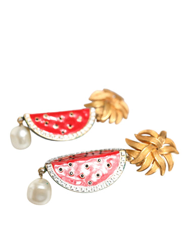 Dolce & Gabbana Red Watermelon Gold Brass Crystal Clip Dangling Earrings - Retail Flare