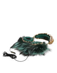 Dolce & Gabbana Green Gold Crystal Fur Headset Audio AUX Headphones - Retail Flare