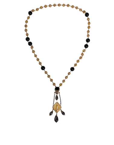 Dolce & Gabbana Gold Chain Brass Black Beaded Rosary Style Necklace - Retail Flare