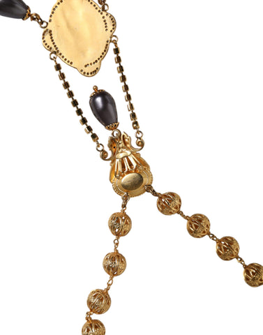 Dolce & Gabbana Gold Chain Brass Black Beaded Rosary Style Necklace - Retail Flare