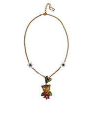 Dolce & Gabbana Gold Brass Leopard Flower Embellished Statement Necklace - Retail Flare
