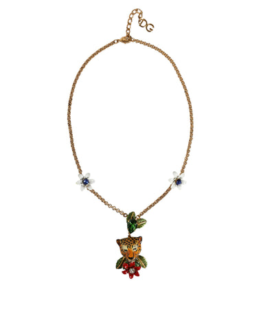 Dolce & Gabbana Gold Brass Leopard Flower Embellished Statement Necklace - Retail Flare