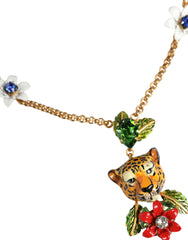 Dolce & Gabbana Gold Brass Leopard Flower Embellished Statement Necklace - Retail Flare
