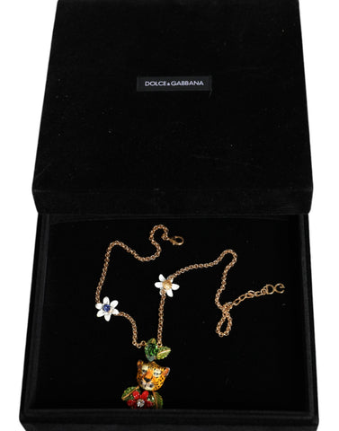 Dolce & Gabbana Gold Brass Leopard Flower Embellished Statement Necklace - Retail Flare