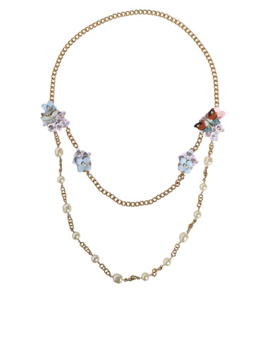 Dolce & Gabbana Gold Chain Brass Floral Layered Crystal Pearl Necklace - Retail Flare