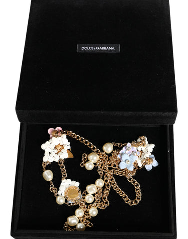 Dolce & Gabbana Gold Chain Brass Floral Layered Crystal Pearl Necklace - Retail Flare