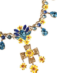 Dolce & Gabbana Gold Brass Chain Floral Crystal Cross Pendant Necklace - Retail Flare