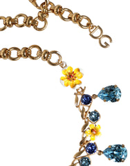 Dolce & Gabbana Gold Brass Chain Floral Crystal Cross Pendant Necklace - Retail Flare