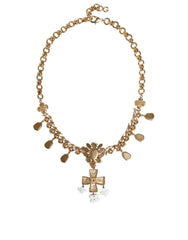 Dolce & Gabbana Gold Brass Chain Floral Crystal Cross Pendant Necklace - Retail Flare