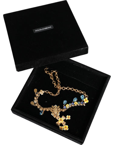 Dolce & Gabbana Gold Brass Chain Floral Crystal Cross Pendant Necklace - Retail Flare