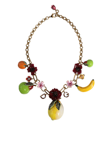 Dolce & Gabbana Gold Brass FRUIT Pendants Flowers Crystal Logo Necklace - Retail Flare