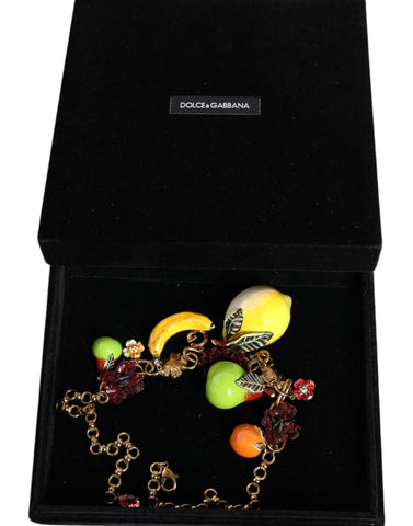 Dolce & Gabbana Gold Brass FRUIT Pendants Flowers Crystal Logo Necklace - Retail Flare