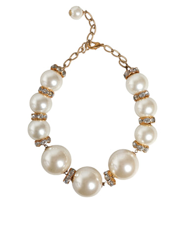 Dolce & Gabbana White Maxi Faux Pearl Beads Crystals Gold Chain Necklace - Retail Flare