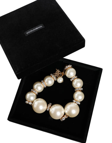 Dolce & Gabbana White Maxi Faux Pearl Beads Crystals Gold Chain Necklace - Retail Flare