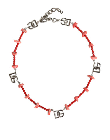 Dolce & Gabbana Silver Tone Brass Beaded Resin DG Logo Chain Necklace - Retail Flare