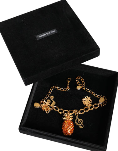 Dolce & Gabbana Gold Tone Brass Chain Pineapple Crystal Musical Necklace - Retail Flare