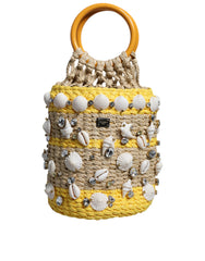 Dolce & Gabbana Beige Yellow Rafia Seashells Crystal Bucket Bag - Retail Flare