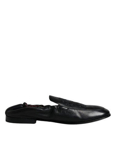 Dolce & Gabbana Black Logo Embroidered Leather Loafer Men Dress Shoes - Retail Flare