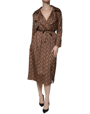Ballantyne Brown Printed Long Sleeves V-neck Wrap Midi Dress - Retail Flare