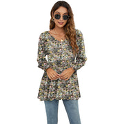 Long Puff Sleeve Tops Women Flowers Print Casual V - Neck Blouse T-Shirts Babydoll Tops