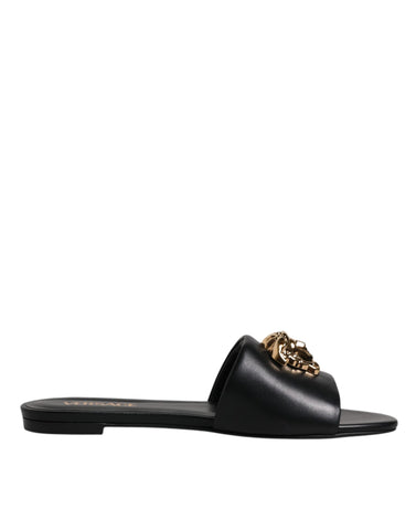 Versace Black Leather Logo Plaque Slip On Slides Flats Shoes Versace
