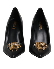 Versace Black Leather Logo Plaque High Heels Pumps Shoes -  Versace -  Retail Flare