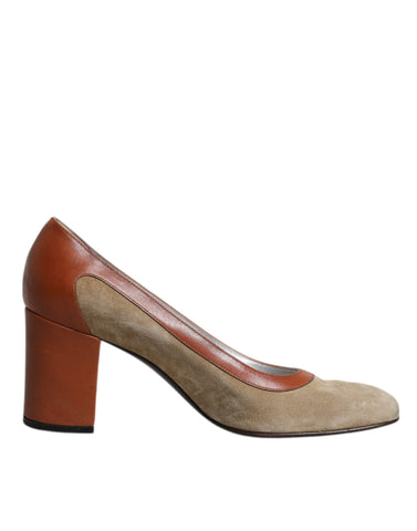 Dolce & Gabbana Beige Brown Leather Block Heels Pumps Shoes Dolce & Gabbana Retail Flare