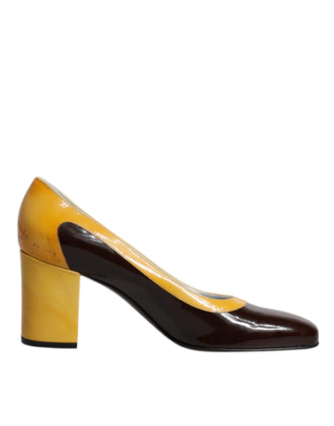 Dolce & Gabbana Yellow Brown Leather Block Heel Pumps Shoes Dolce & Gabbana Retail Flare