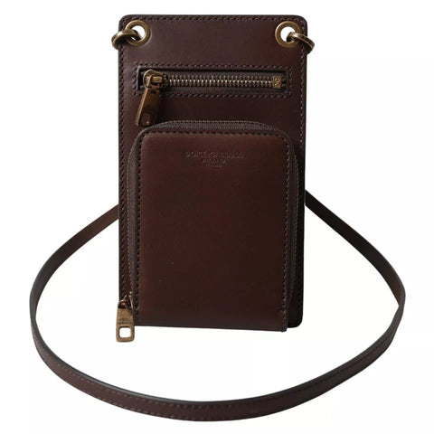 Dolce & Gabbana Brown Calf Leather Zip Logo Shoulder Neck Strap Wallet Dolce & Gabbana Retail Flare
