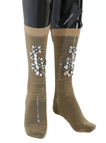 Dolce & Gabbana Gold Stretch Floral Clear Crystal Stocking Socks Dolce & Gabbana Retail Flare