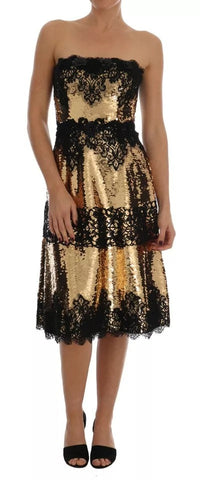 Dolce & Gabbana Gold Strapless Sequin Embellished Lace Dress Dolce & Gabbana Retail Flare