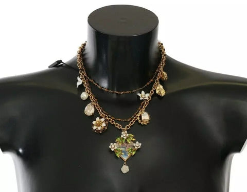 Dolce & Gabbana Gold Brass Crystal Floral Statement Charms Necklace Dolce & Gabbana Retail Flare