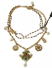 Dolce & Gabbana Gold Brass Crystal Floral Statement Charms Necklace Dolce & Gabbana Retail Flare