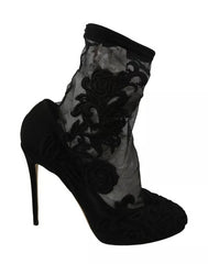 Dolce & Gabbana Black Tulle Stretch Floral Booties Shoes Dolce & Gabbana Retail Flare