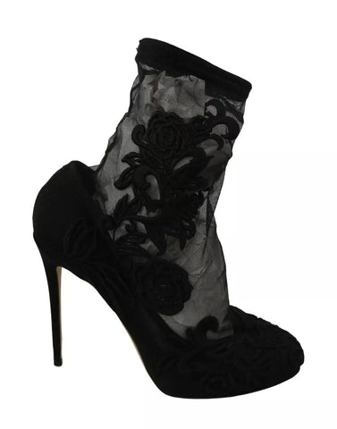 Dolce & Gabbana Black Tulle Stretch Floral Booties Shoes Dolce & Gabbana Retail Flare