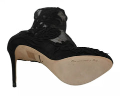 Dolce & Gabbana Black Tulle Stretch Floral Booties Shoes Dolce & Gabbana Retail Flare