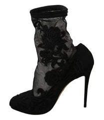 Dolce & Gabbana Black Tulle Stretch Floral Booties Shoes Dolce & Gabbana Retail Flare