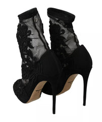 Dolce & Gabbana Black Tulle Stretch Floral Booties Shoes Dolce & Gabbana Retail Flare