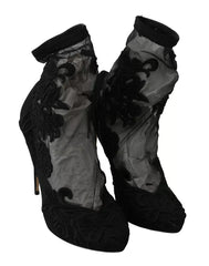 Dolce & Gabbana Black Tulle Stretch Floral Booties Shoes Dolce & Gabbana Retail Flare