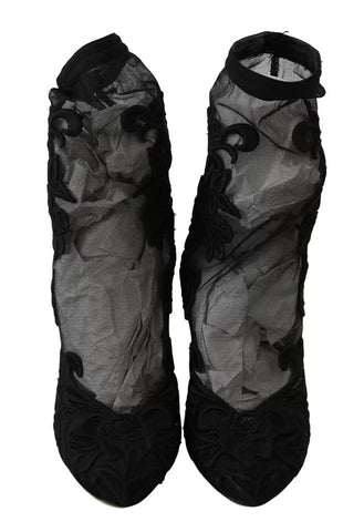 Dolce & Gabbana Black Tulle Stretch Floral Booties Shoes Dolce & Gabbana Retail Flare