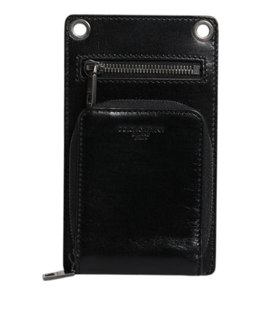 Dolce & Gabbana Black Horse Leather Zip Logo Shoulder Neck Strap Wallet Dolce & Gabbana Retail Flare
