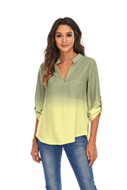 Print Gradient Blouses Women V - Neck Pockets Loose Shirts