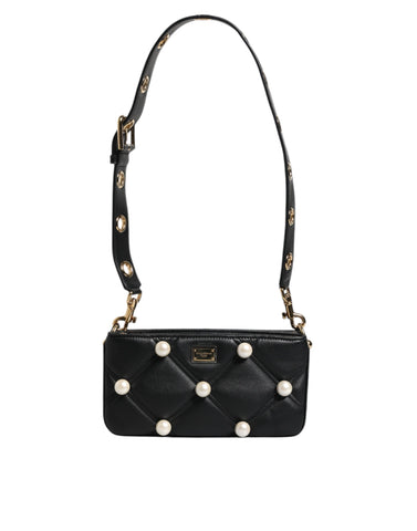 Dolce & Gabbana Black Leather Pearl Embellished Logo Shoulder Bag - Retail Flare