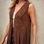 Women's Western Cowboy Style Tassel Hem Rivet Open Vest Jacket