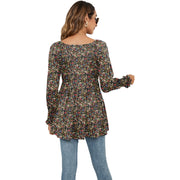 Long Puff Sleeve Tops Women Flowers Print Casual V - Neck Blouse T-Shirts Babydoll Tops