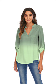 Print Gradient Blouses Women V - Neck Pockets Loose Shirts